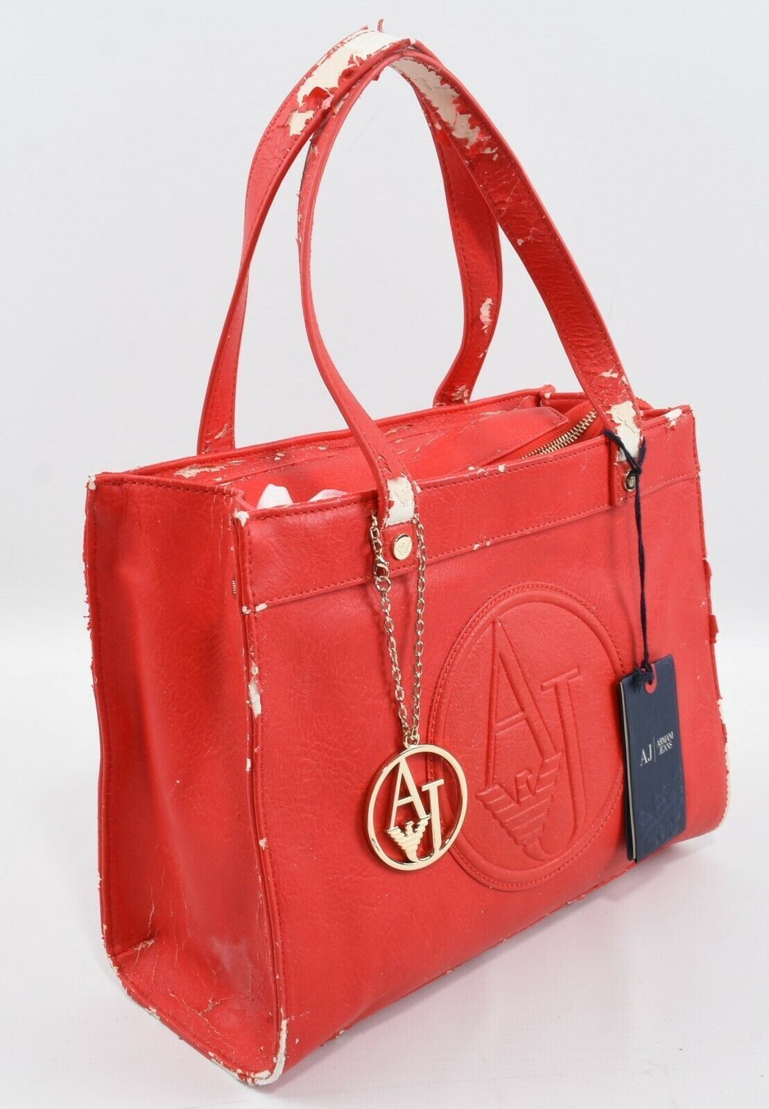 ARMANI JEANS Red Distressed Faux Leather Handbag - 'use until it's no use'