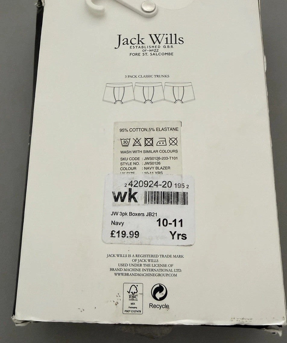 Jack Wills Boys Multipack Navy Blue Boxers Three Pack Age 10-11 yrs