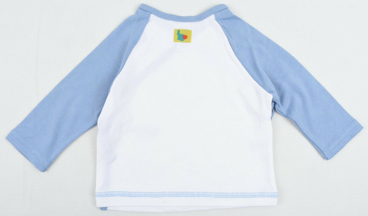 GREEN RABBIT Baby Wrap Around Top, White/Blue, MADE IN UK, size 12-18 months
