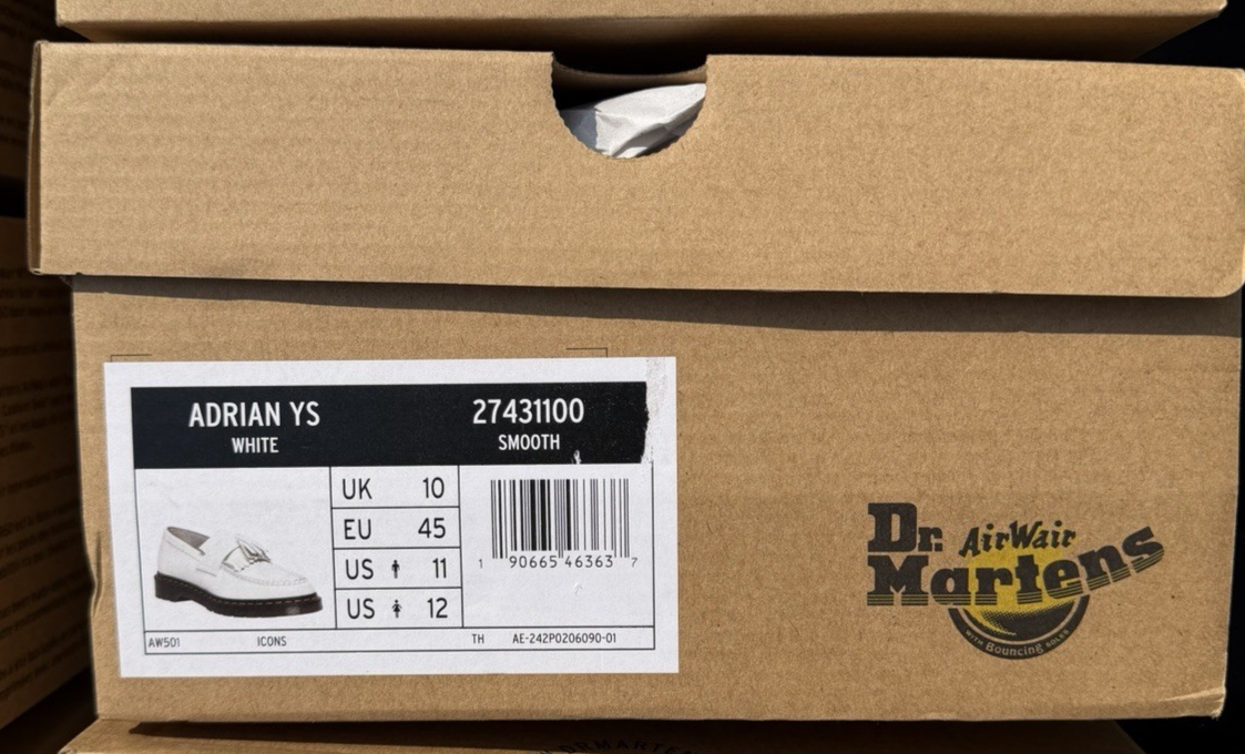Dr Martens Adrian YS White Smooth Leather Tassel Loafers UK10 EU45 RRP £160
