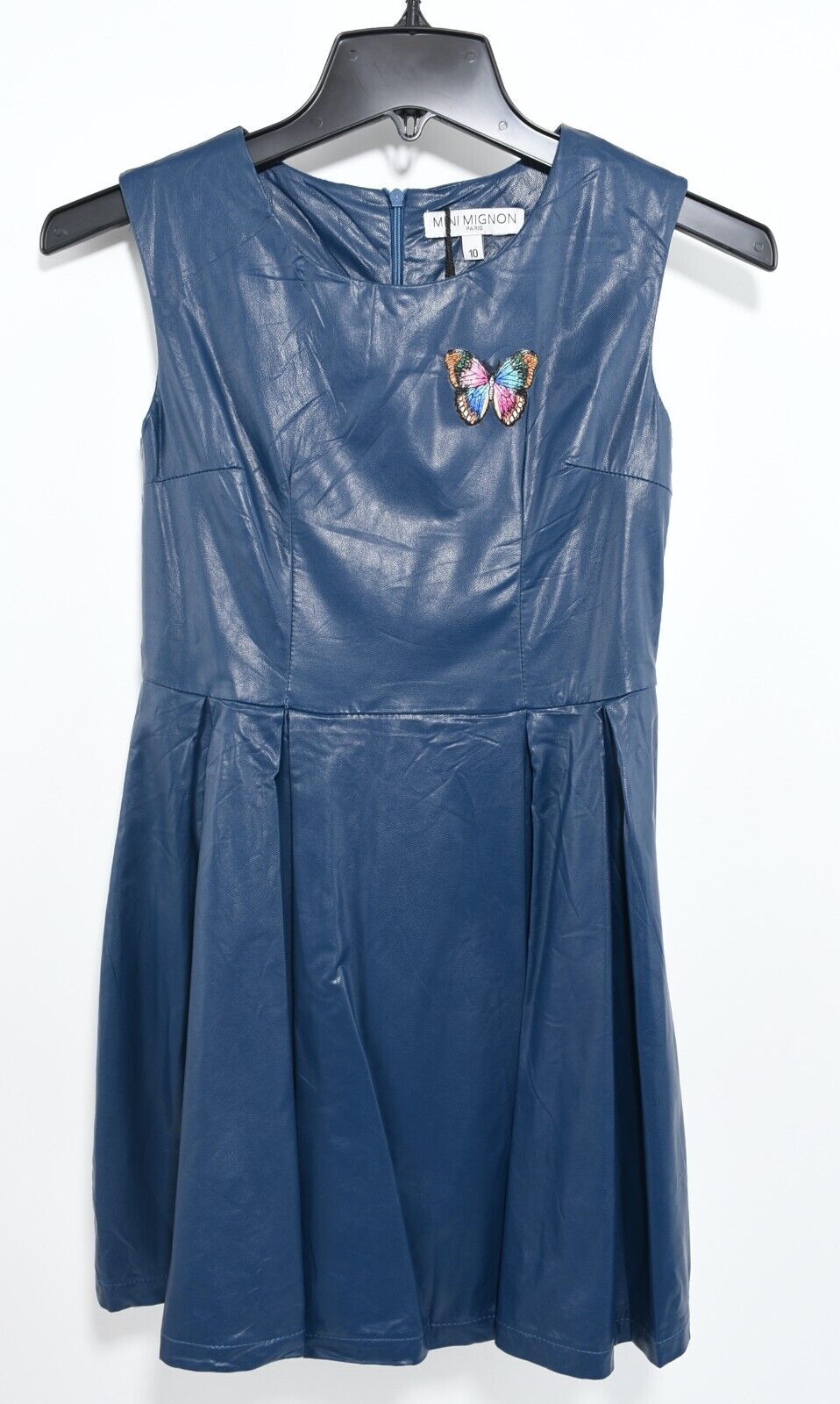MINI MIGNON Girls Kids Leatherette Skater Dress, Navy Blue, size 10 years