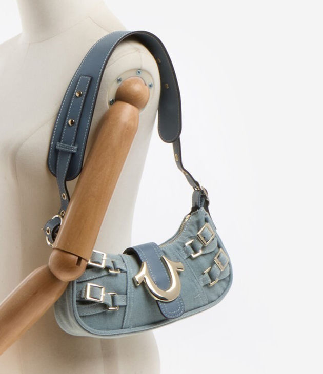 True Religion Buckle Horseshoe Denim Handbag RN 109028 Light Denim Blue