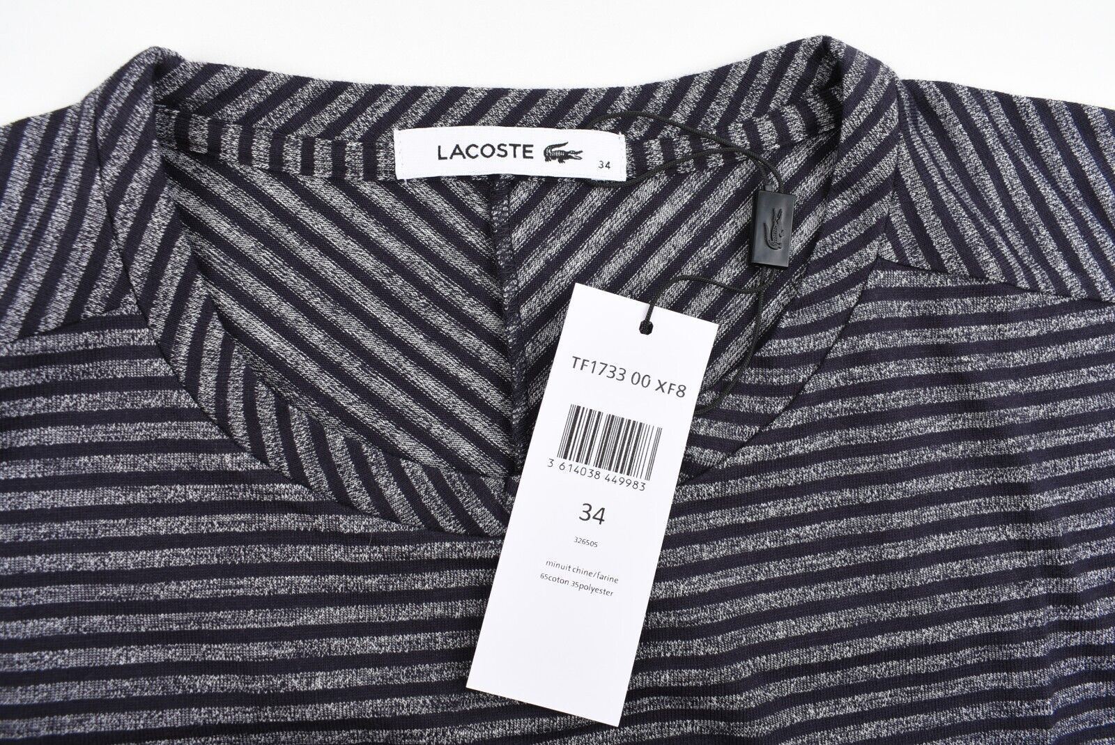 LACOSTE Womens Long Sleeve Striped Top, Navy Blue-Grey Striped, size S