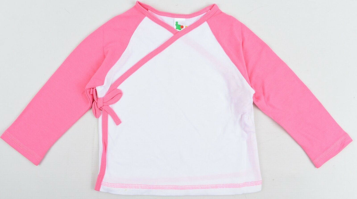 GREEN RABBIT Girls Wrap Around Top, White/Pink, MADE IN UK, size 3-4 Years