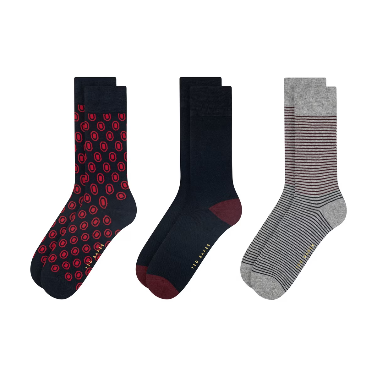 Ted Baker Mens Formal Crew Socks UK 7 - 11 Red tones Pack of 3 Cotton Blend
