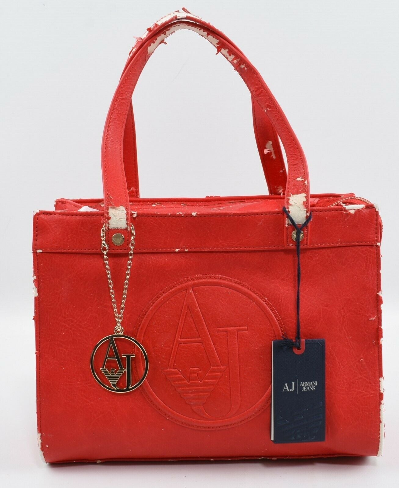 ARMANI JEANS Red Distressed Faux Leather Handbag - 'use until it's no use'