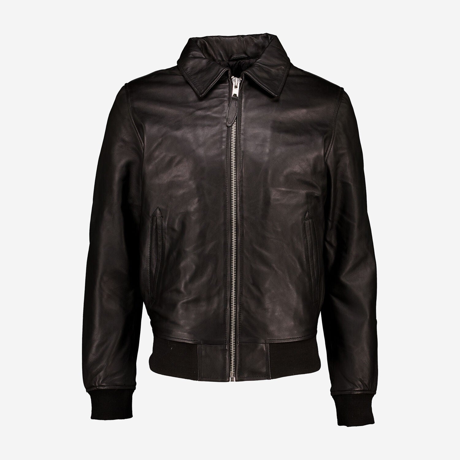 Mens Schott Black Collared Leather Bomber Jacket Size Large RRP £380.00