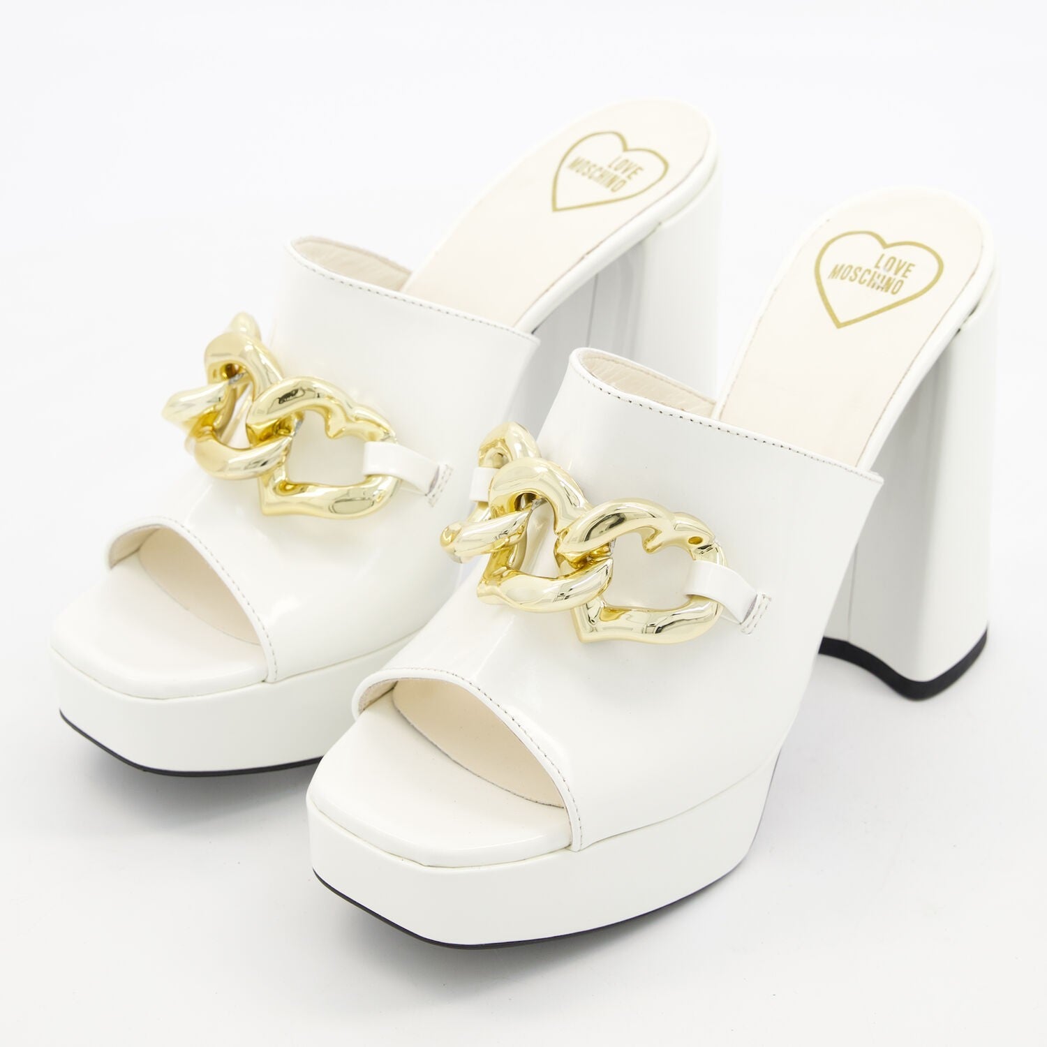 Love Moschino White Heart Chain Leather Block Heel Sandals UK6