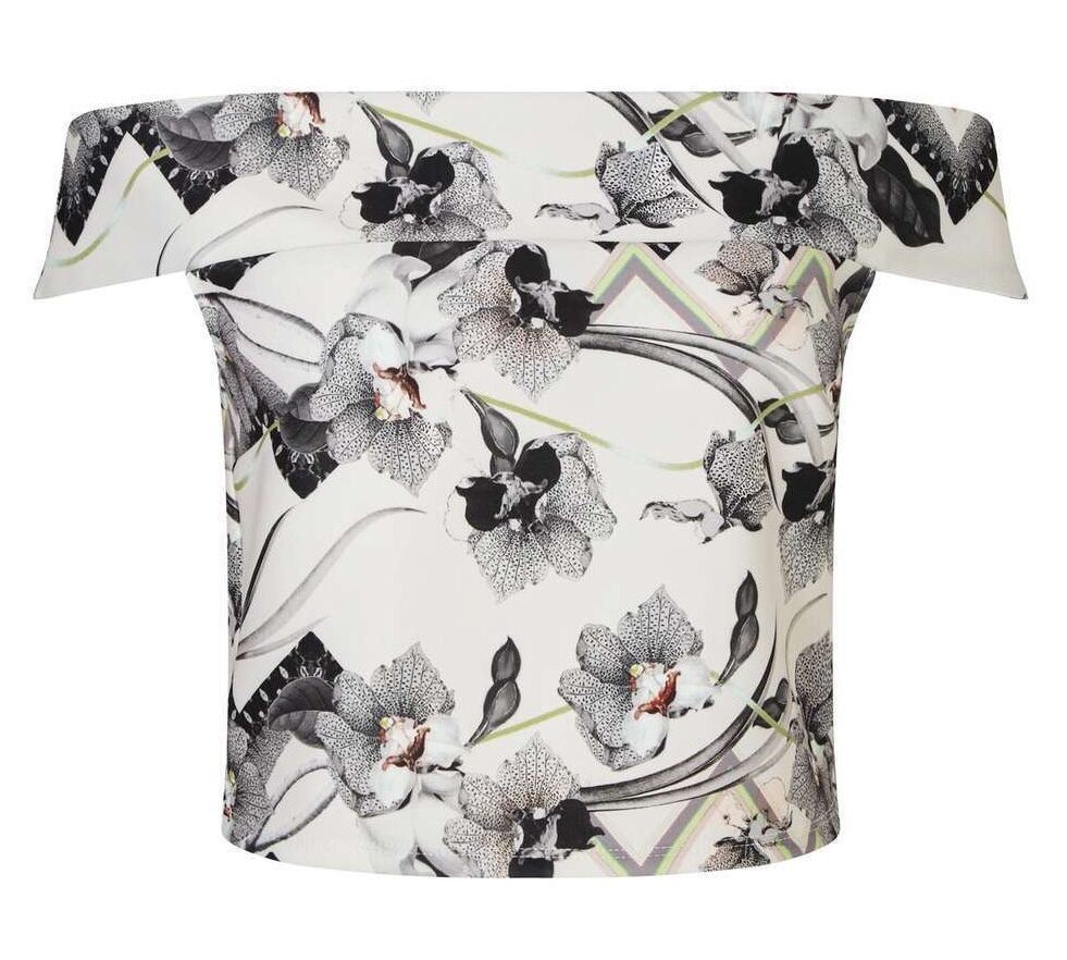 MISS SELFRIDGE Women's Off White Orchid Print Bardot Top size UK 6