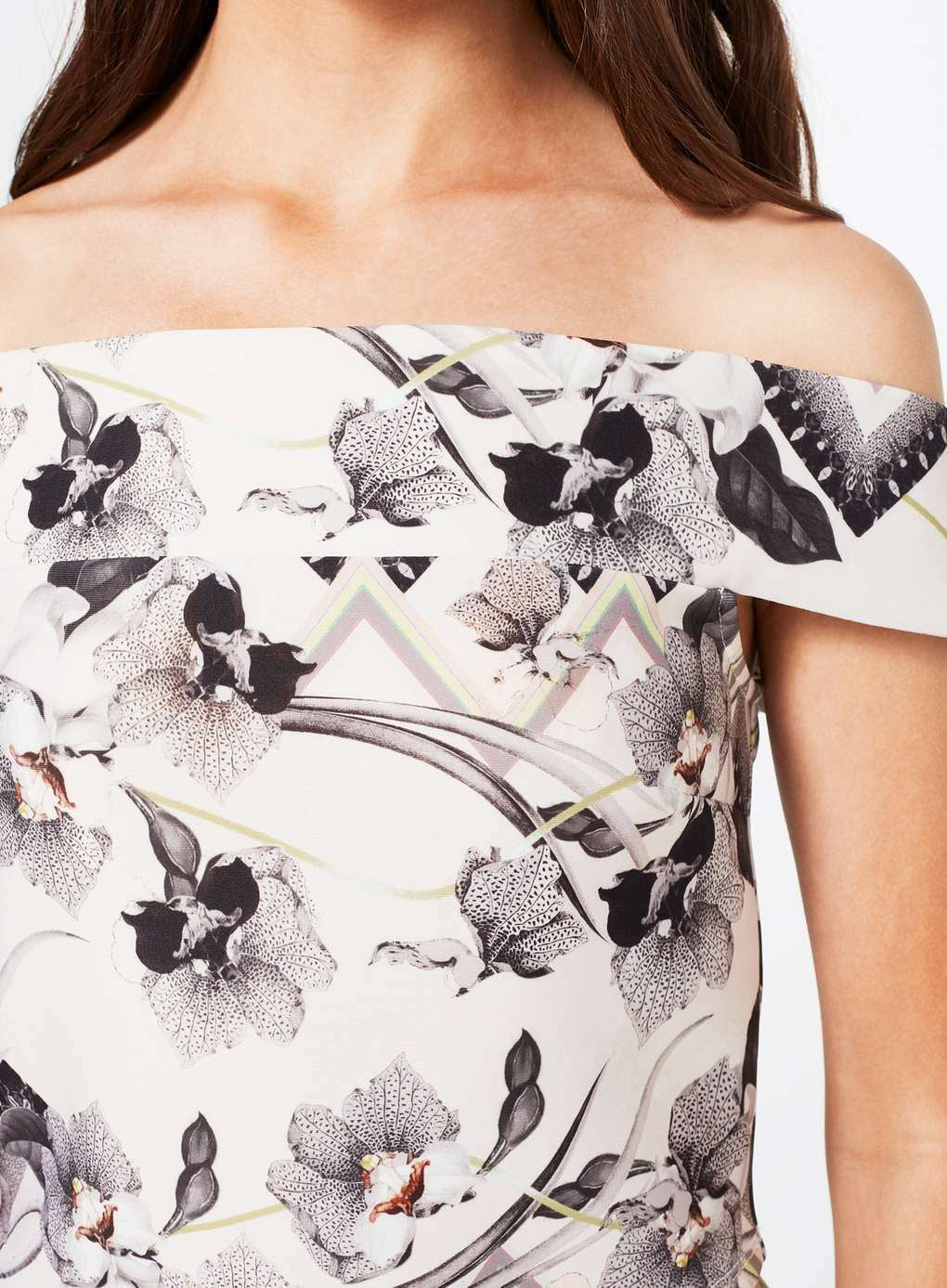 MISS SELFRIDGE Women's Off White Orchid Print Bardot Top size UK 6