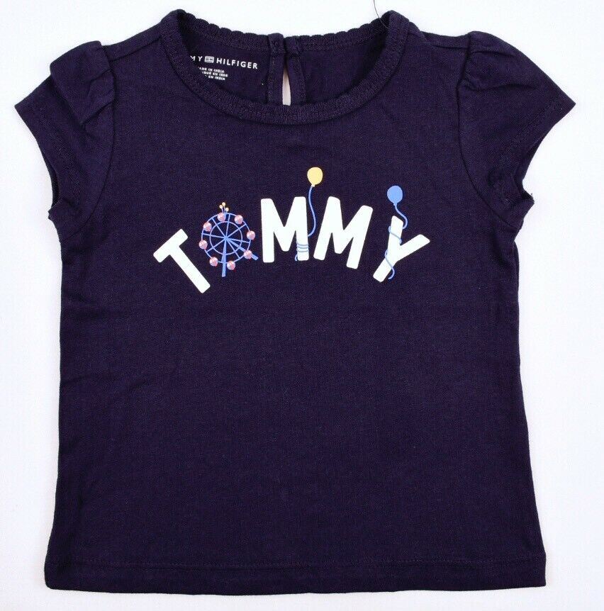 TOMMY HILFIGER Baby Girls Logo Print Top, Navy Blue, size 18 months
