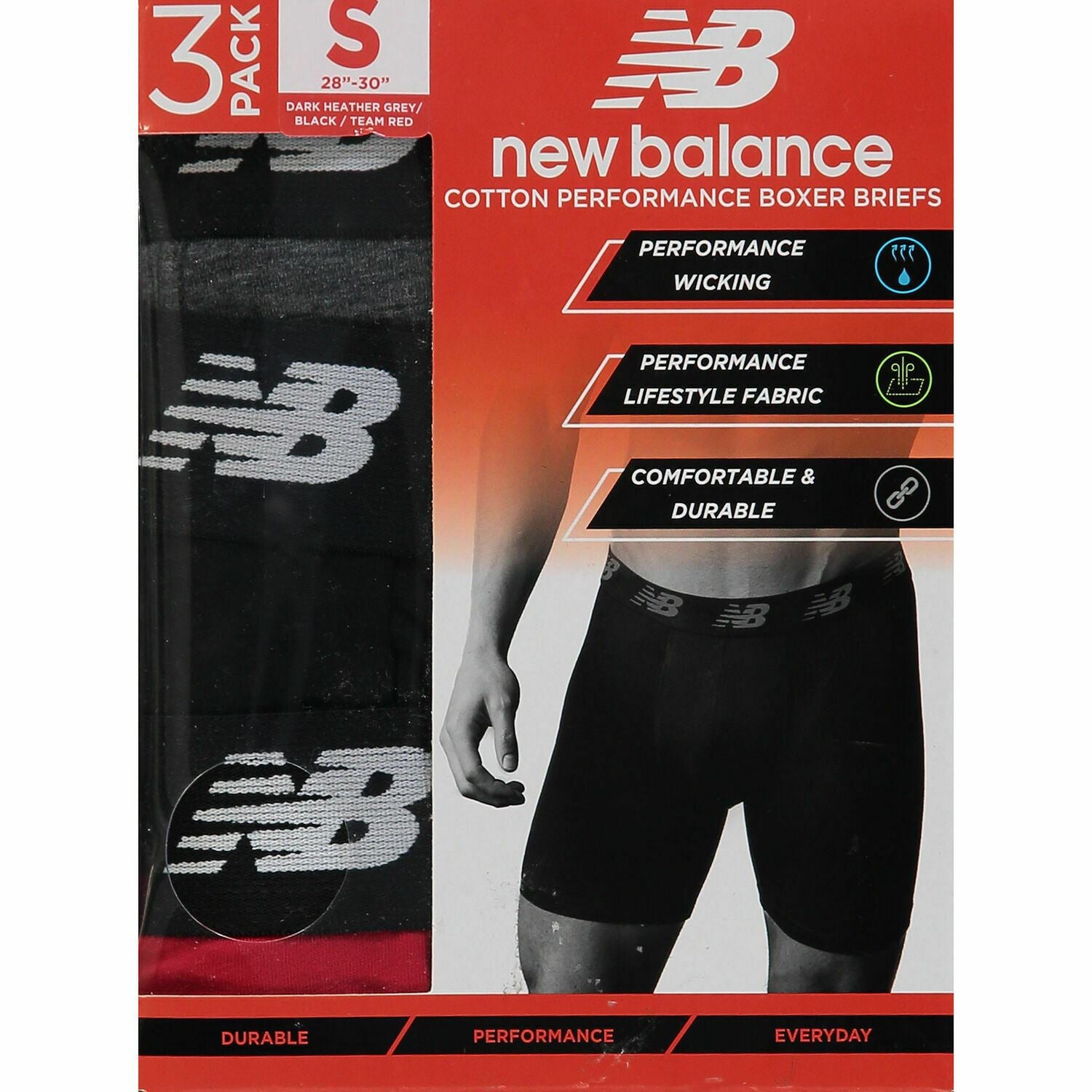 New Balance Mens 3-Pk Cotton Performance Boxers, Red/Grey/Black size S (28"-30")