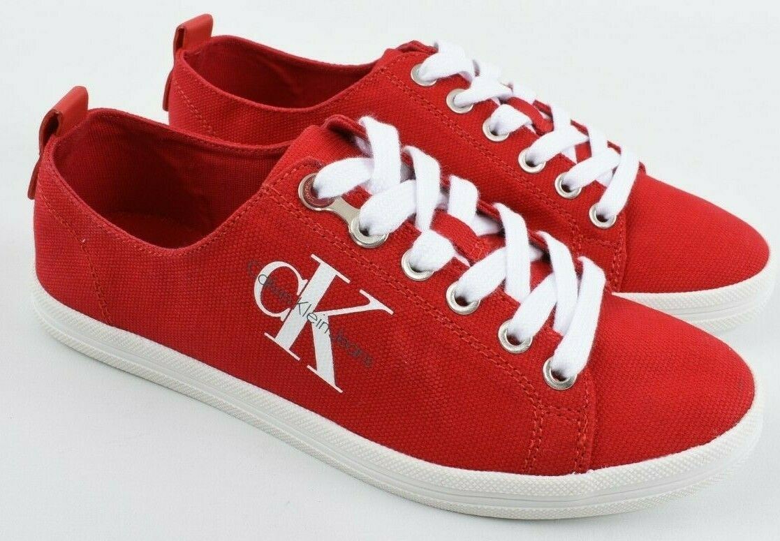 CALVIN KLEIN Women's MONNA Red Canvas Logo Trainers, size UK 4 / EU 37