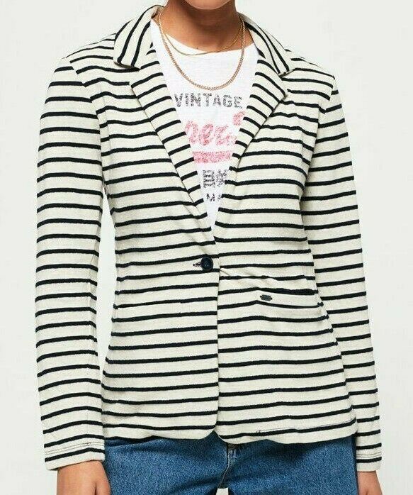 SUPERDRY Women's Nautical Jersey Blazer Jacket, Cream/Navy Blue, size S / UK 10