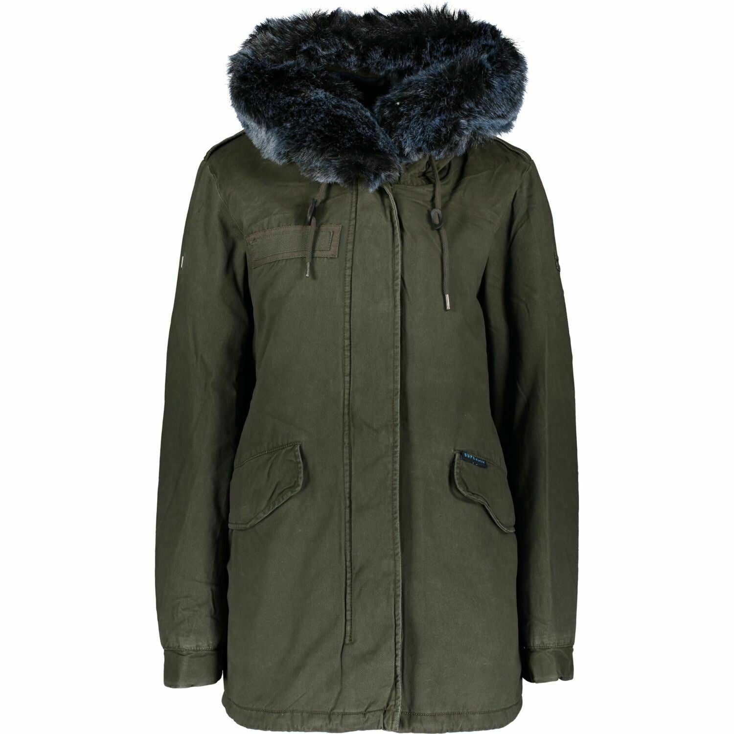 SUPERDRY Womens HAWK Coloured Faux Fur Parka Coat Khaki Green size S / UK 10