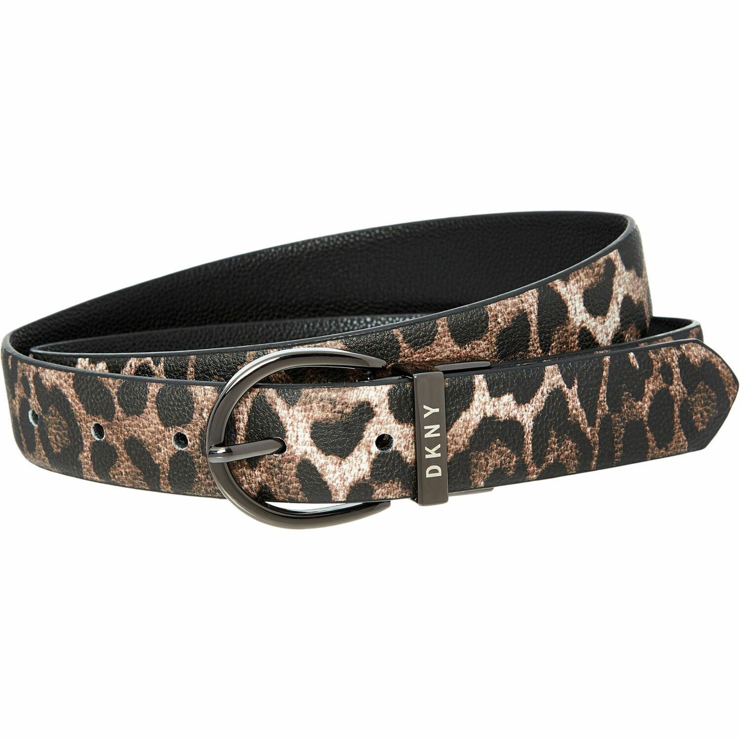 DKNY Women's Faux Leather Reversible Belt, Black /Leopard Print, 1" wide, size M