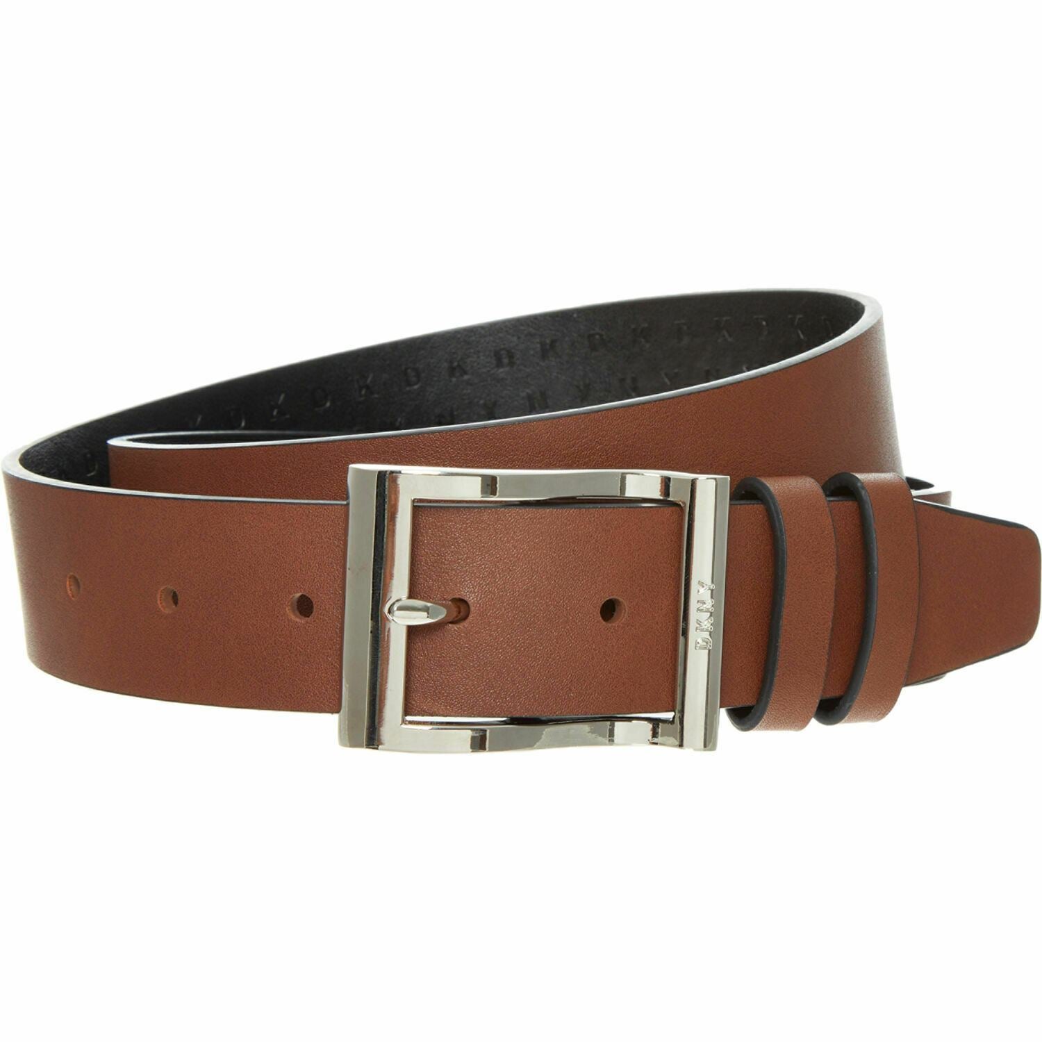 DKNY Women's Faux Leather Reversible Belt, Cognac Brown/Black Logo, size M