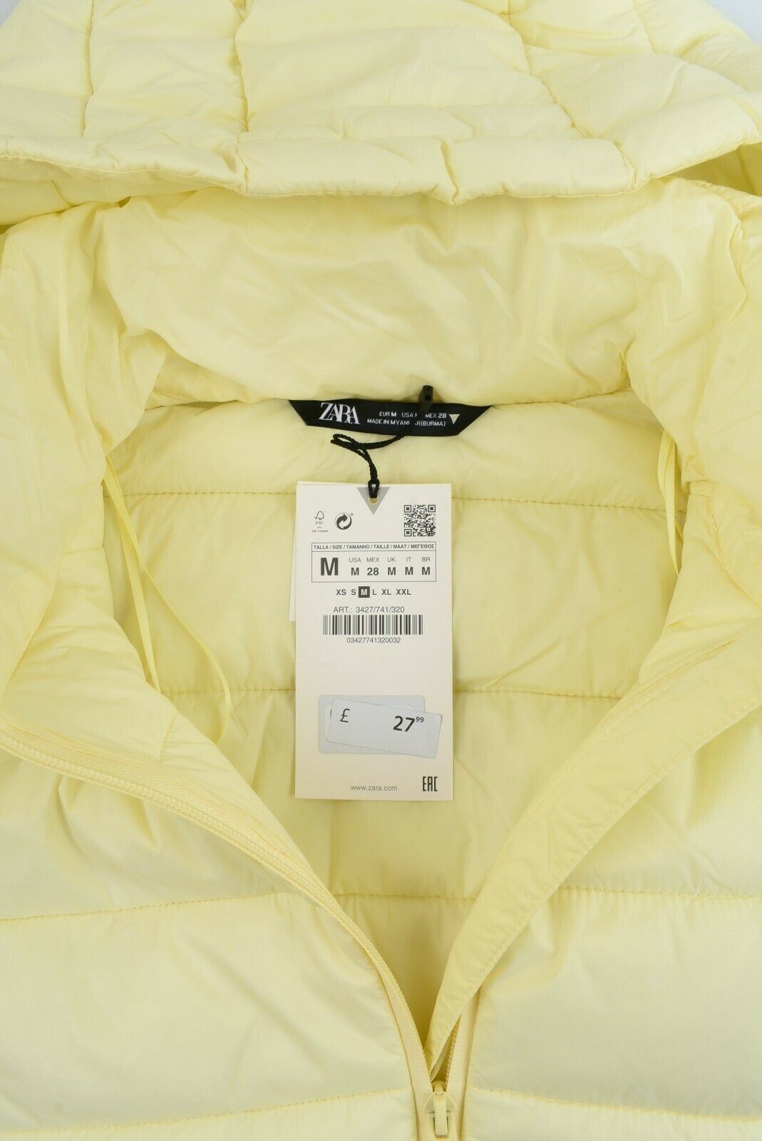 ZARA Women’s Quilted Cropped Water-Repellent Puffer Jacket, Yellow, size M