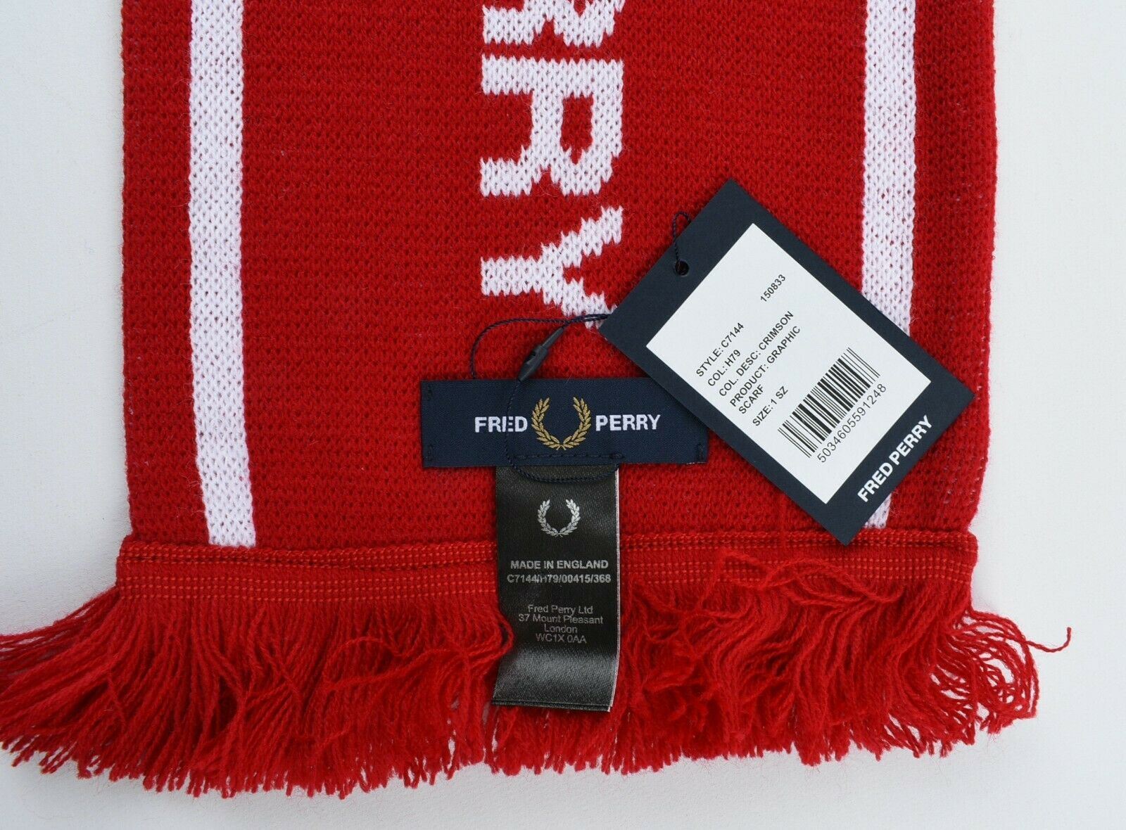 FRED PERRY Men's Crimson Red/White Knitted Scarf, made in England