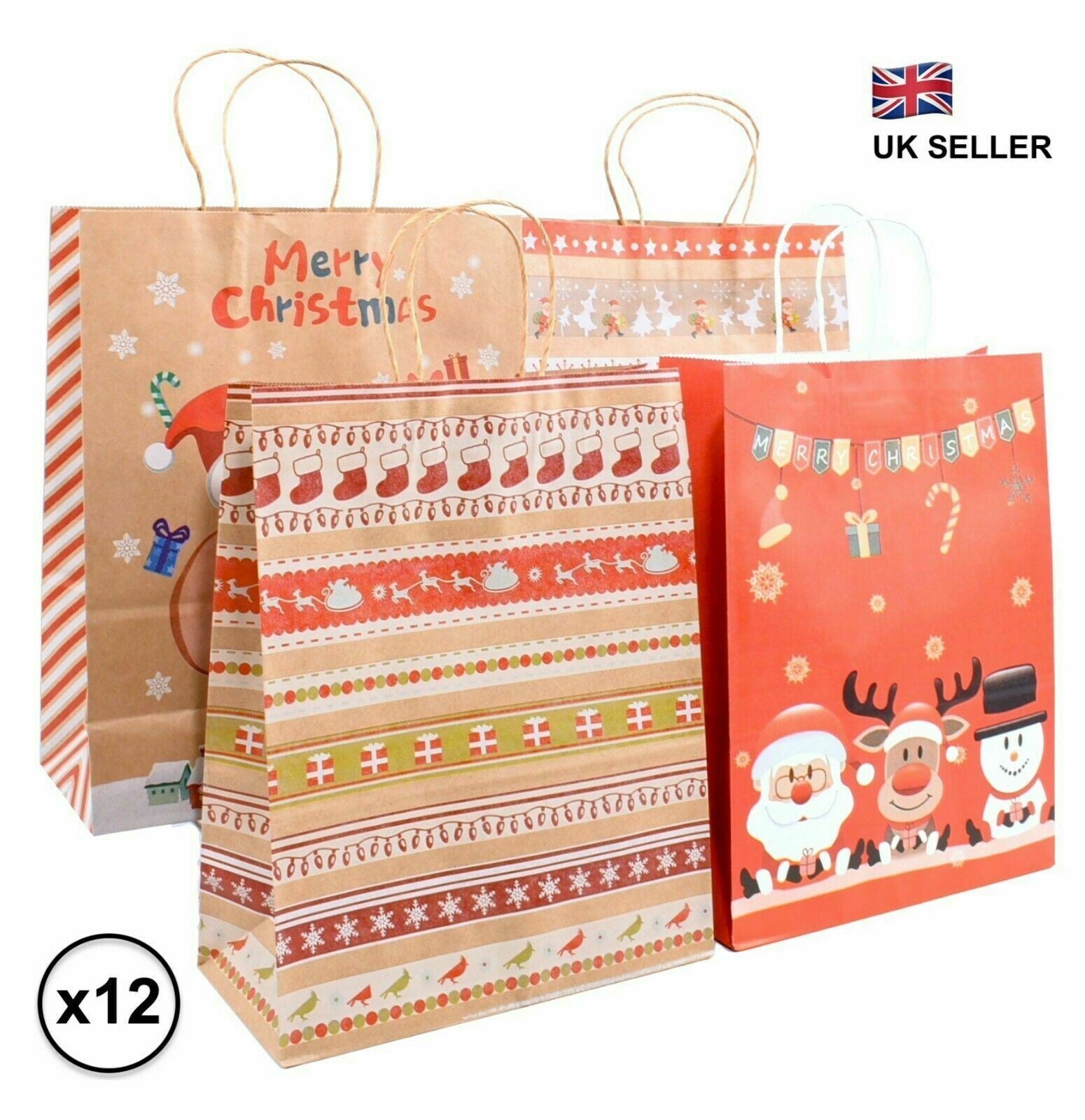 12Pcs Christmas Gift Bags - Brown Recyclable Kraft Paper Present Bags 33x26x12cm