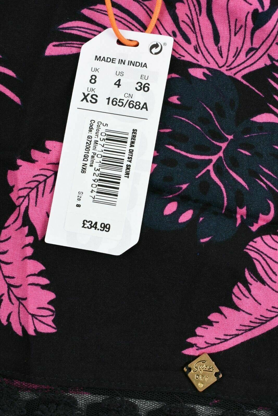 SUPERDRY Women's SERENA DITSY Skirt Black/Pink Palm Leaf Print size XS size UK 8