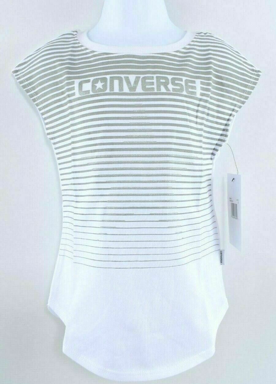 CONVERSE Girls' Short Sleeve T-Shirt Top White/Grey Stripes 2 years to 3 years