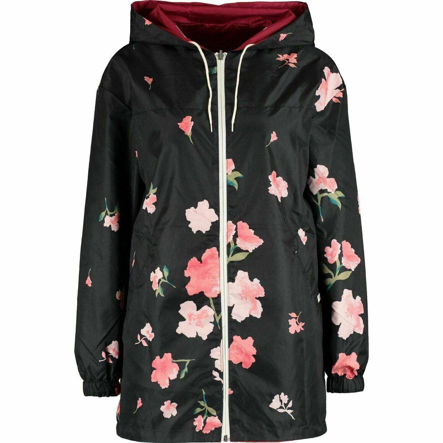 BILLABONG Womens Black Floral/Cardinal Red Reversible Rain Coat Parka size Small