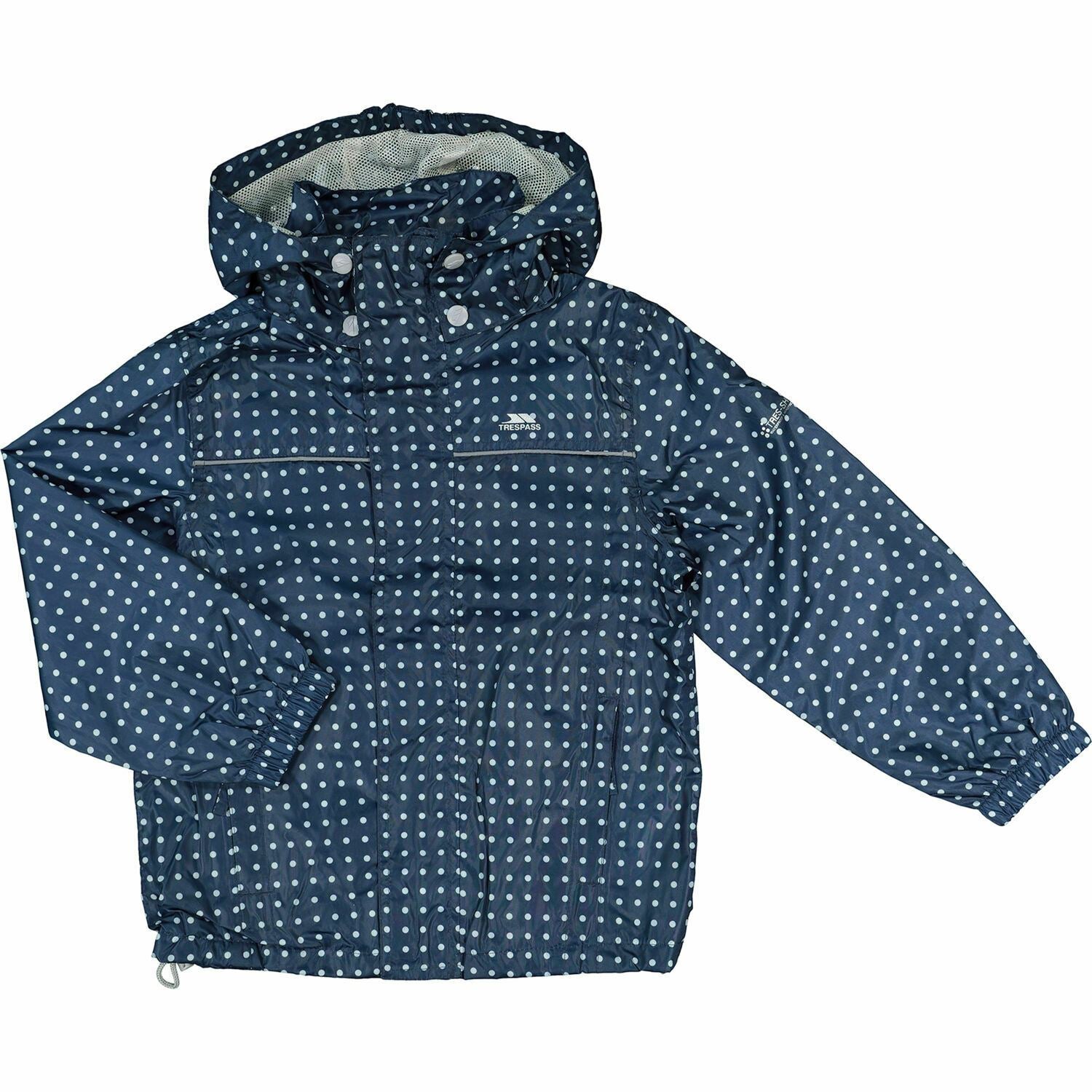 TRESPASS Boys’ Kids’ Navy & White Polka Dot Rain Jacket, size 5 years to 6 years