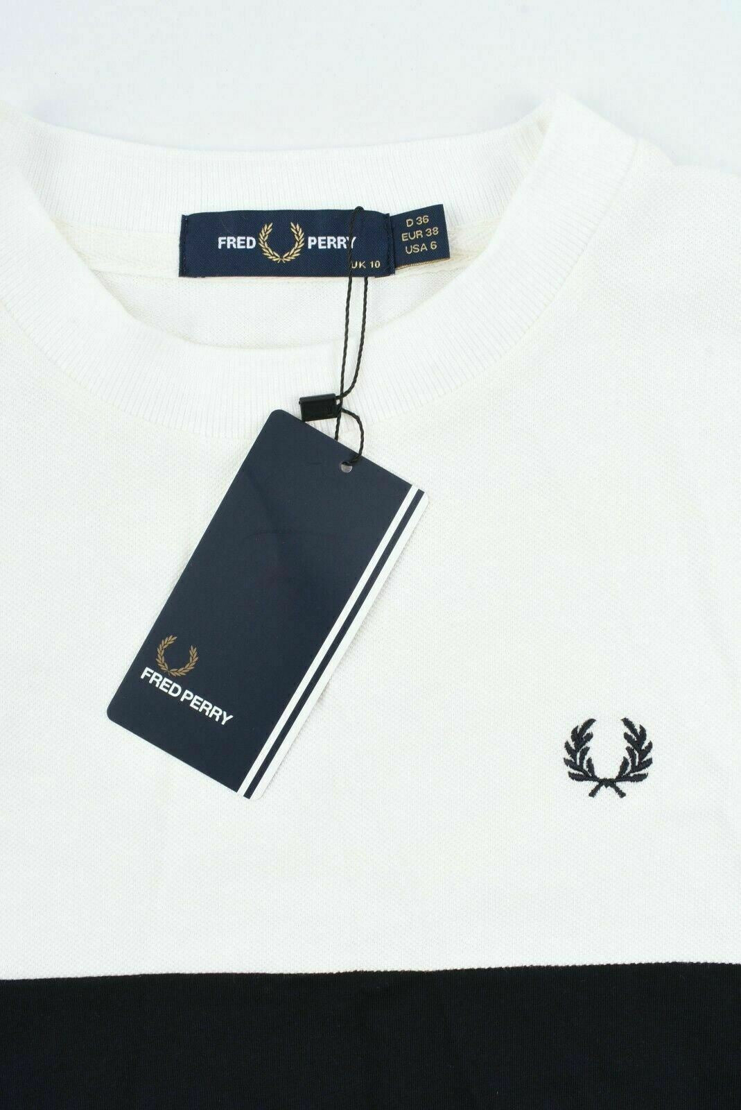 FRED PERRY Women's Cream & Navy Blue Taped Long Sleeve Sweatshirt size UK 10