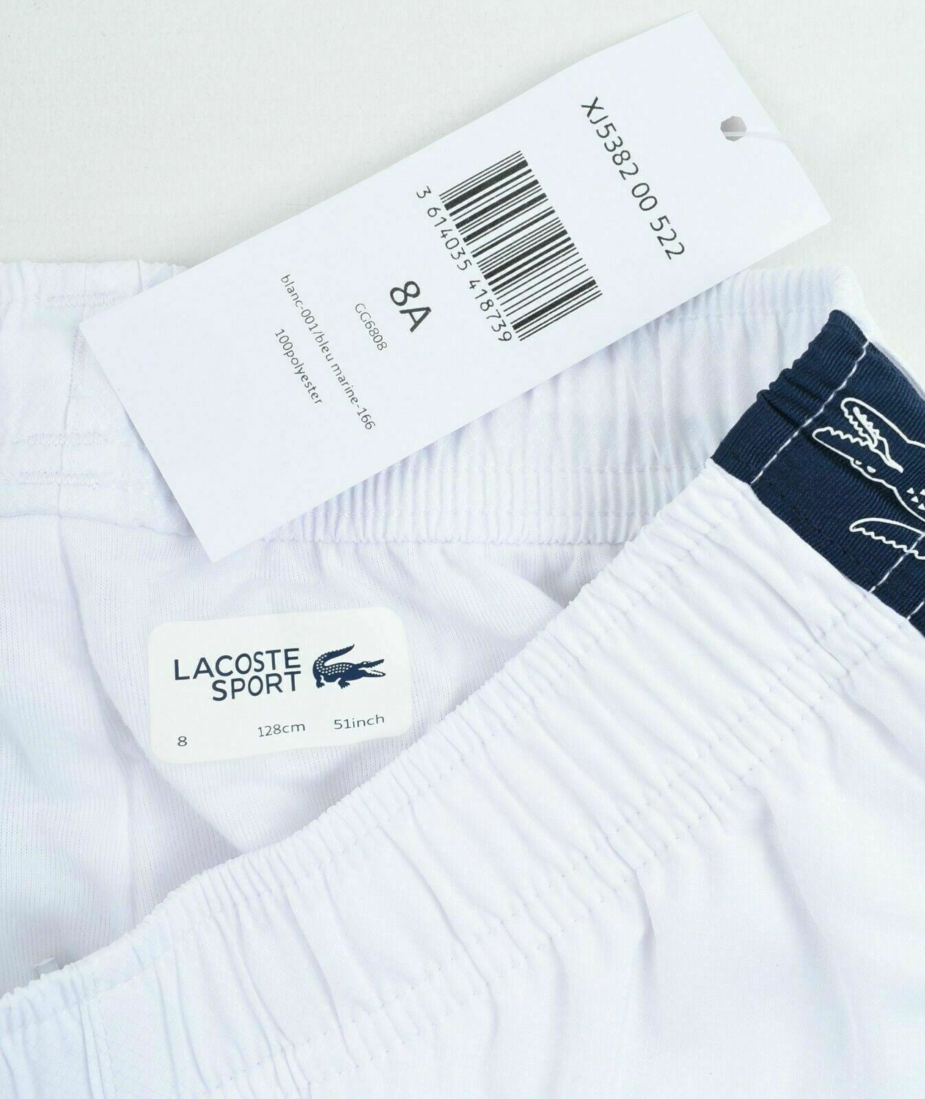 LACOSTE Boys' Girls' White & Blue Logo Side Tape Track Pants Joggers, 8 years