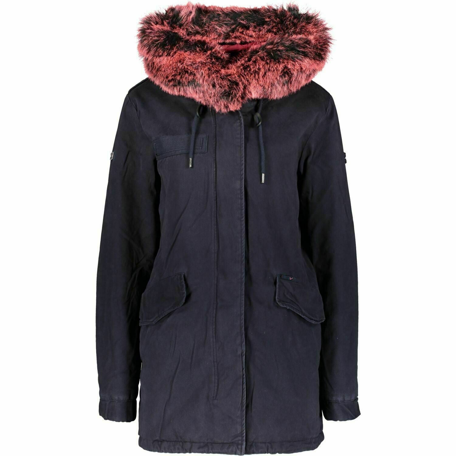 SUPERDRY Womens HAWK Coloured Faux Fur Parka Coat Dark Navy Blue size S / UK 10
