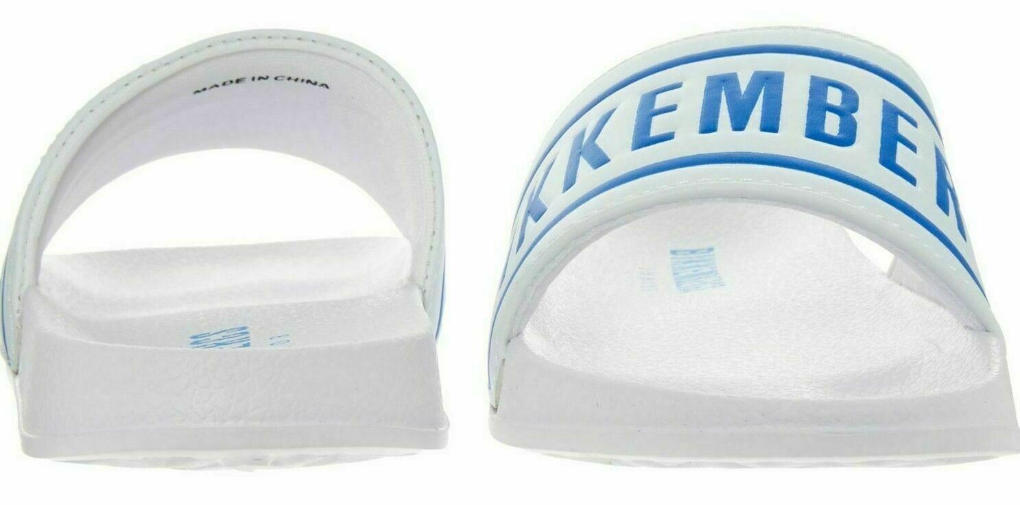 BIKKEMBERGS Boys' White & Blue Logo Sliders Beach Sandals, UK junior 2 /EU 34