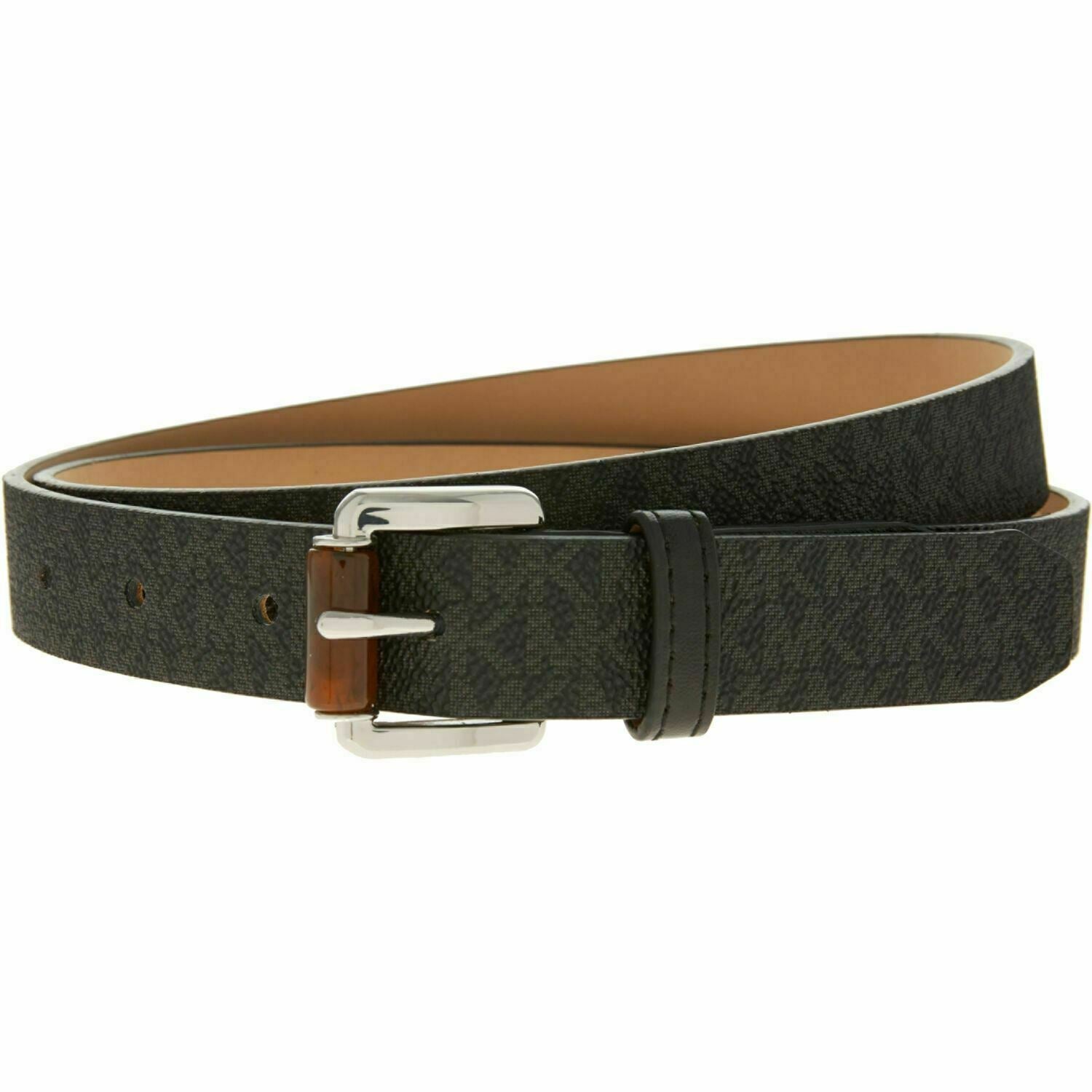 MICHAEL KORS Women's Faux Leather Monogram Belt, Black, 1" wide, size L