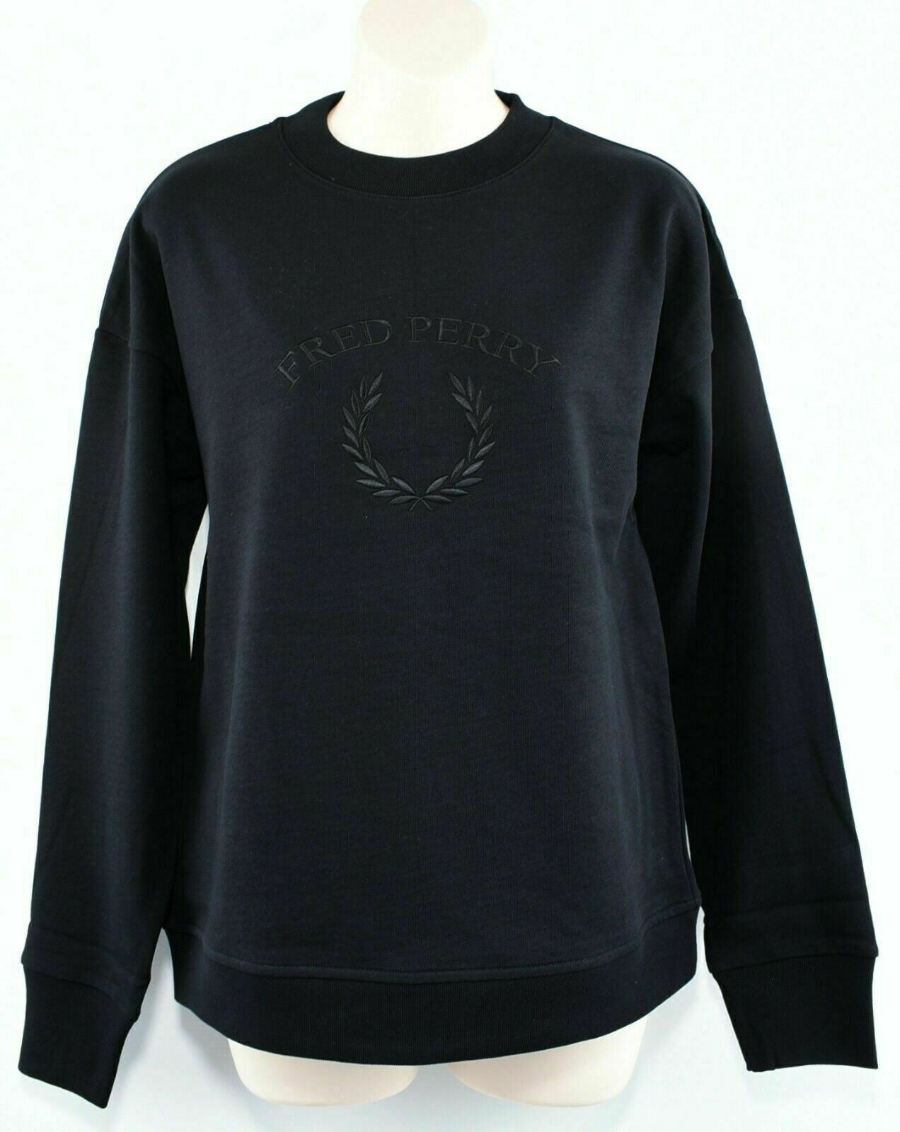 FRED PERRY Women's Black Embroidered Logo Cotton Jersey Sweatshirt, UK 14