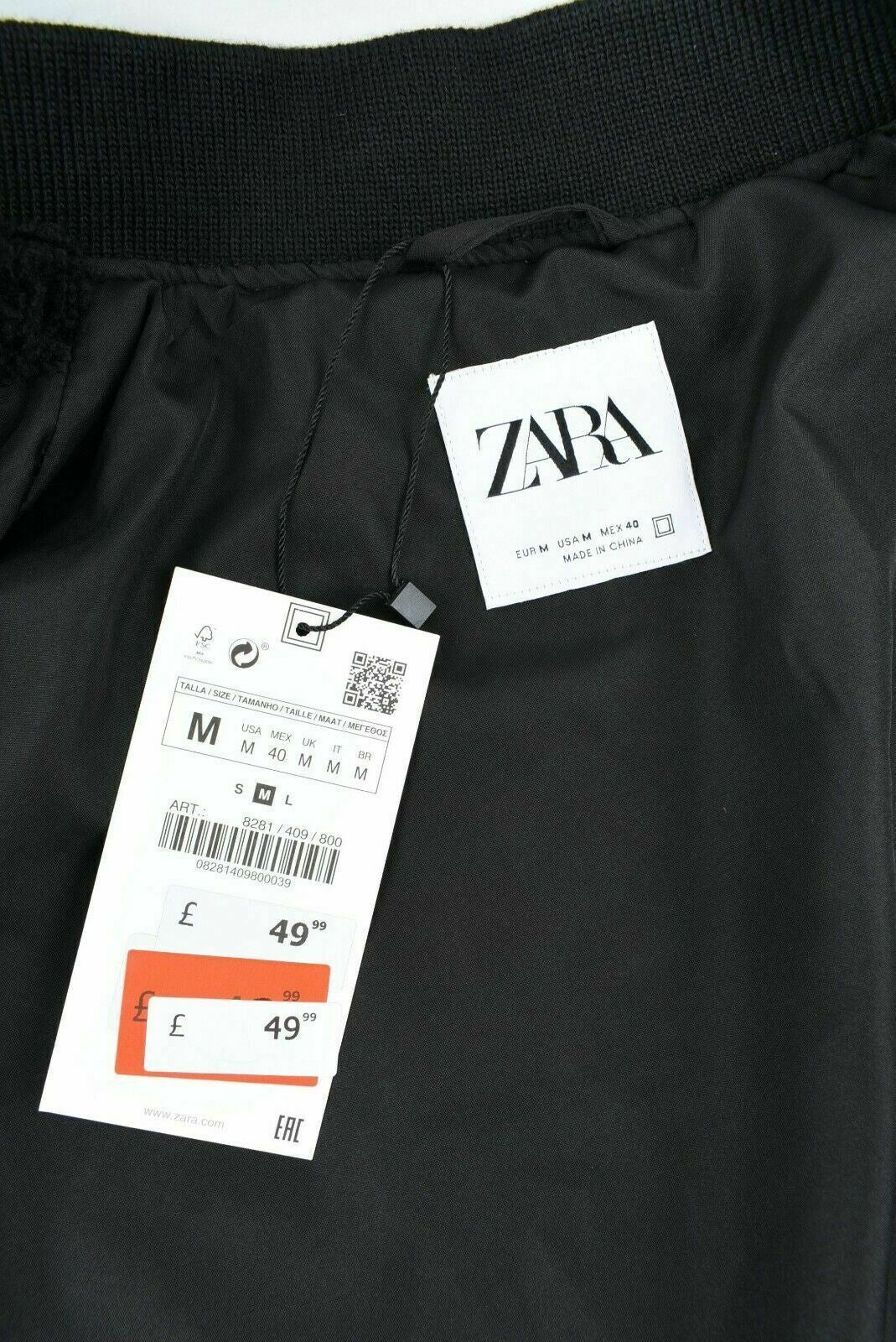 ZARA Men's Faux Shearling Bomber Jacket, Black, size M
