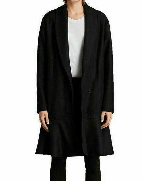 ALLSAINTS Womenâs GRACE Black Wool Blend Ruffled Hem Coat, size M