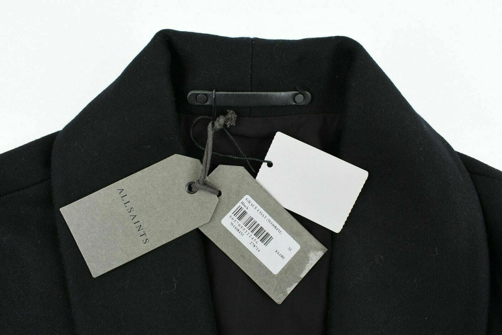 ALLSAINTS Womenâs GRACE Black Wool Blend Ruffled Hem Coat, size M