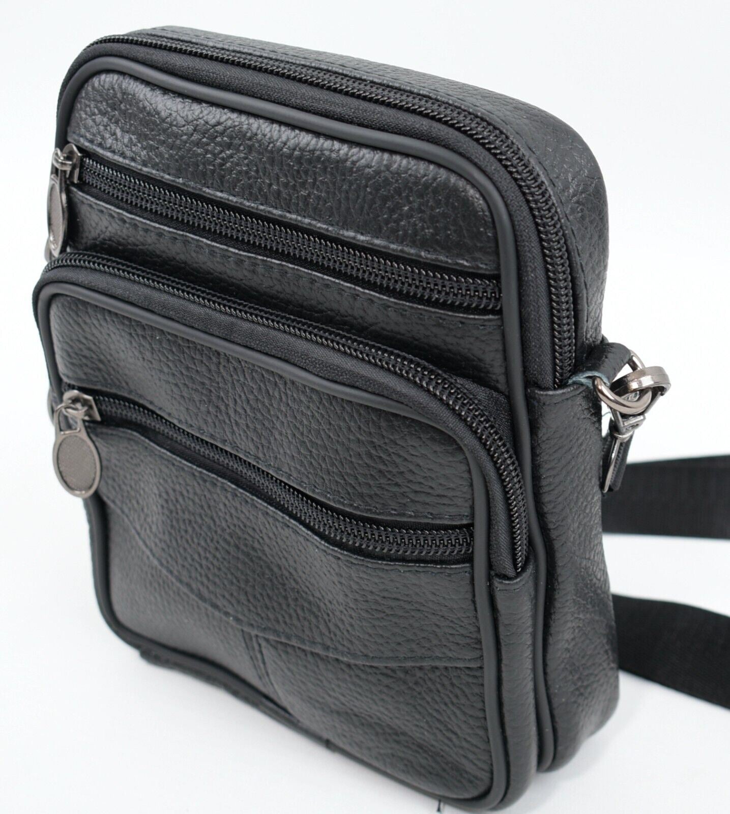 Mens Genuine Cowhide Leather Crossbody Messenger Travel Passport Waist Bag Black