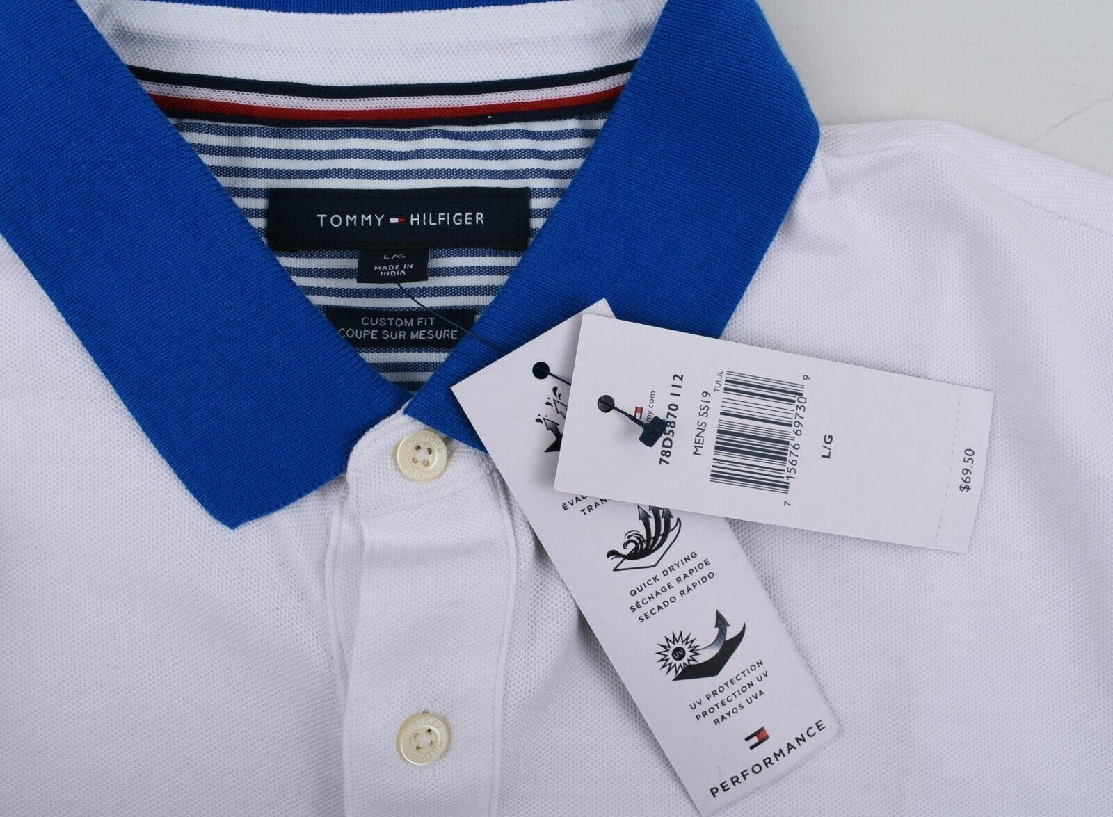 TOMMY HILFIGER Men's Cotton Blend Polo Shirt, White, Custom Fit, size L-XL