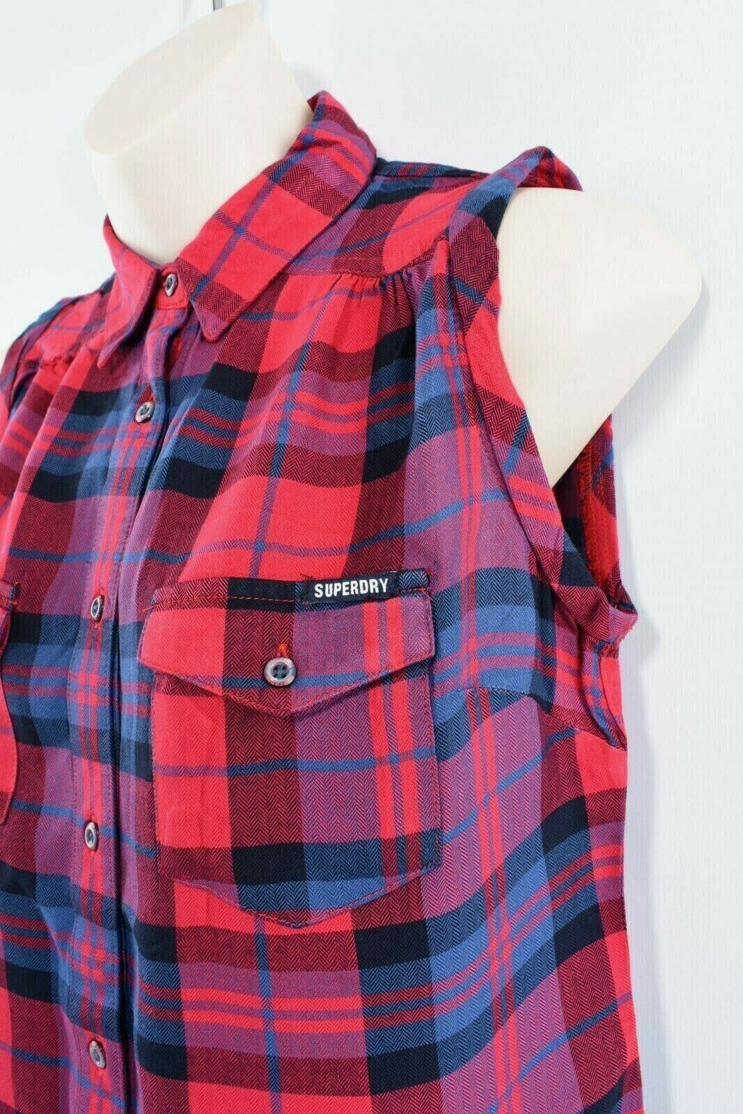 SUPERDRY Women's Sleeveless Boyfriend Shirt Top, Red Blue Check, size XS / UK 8
