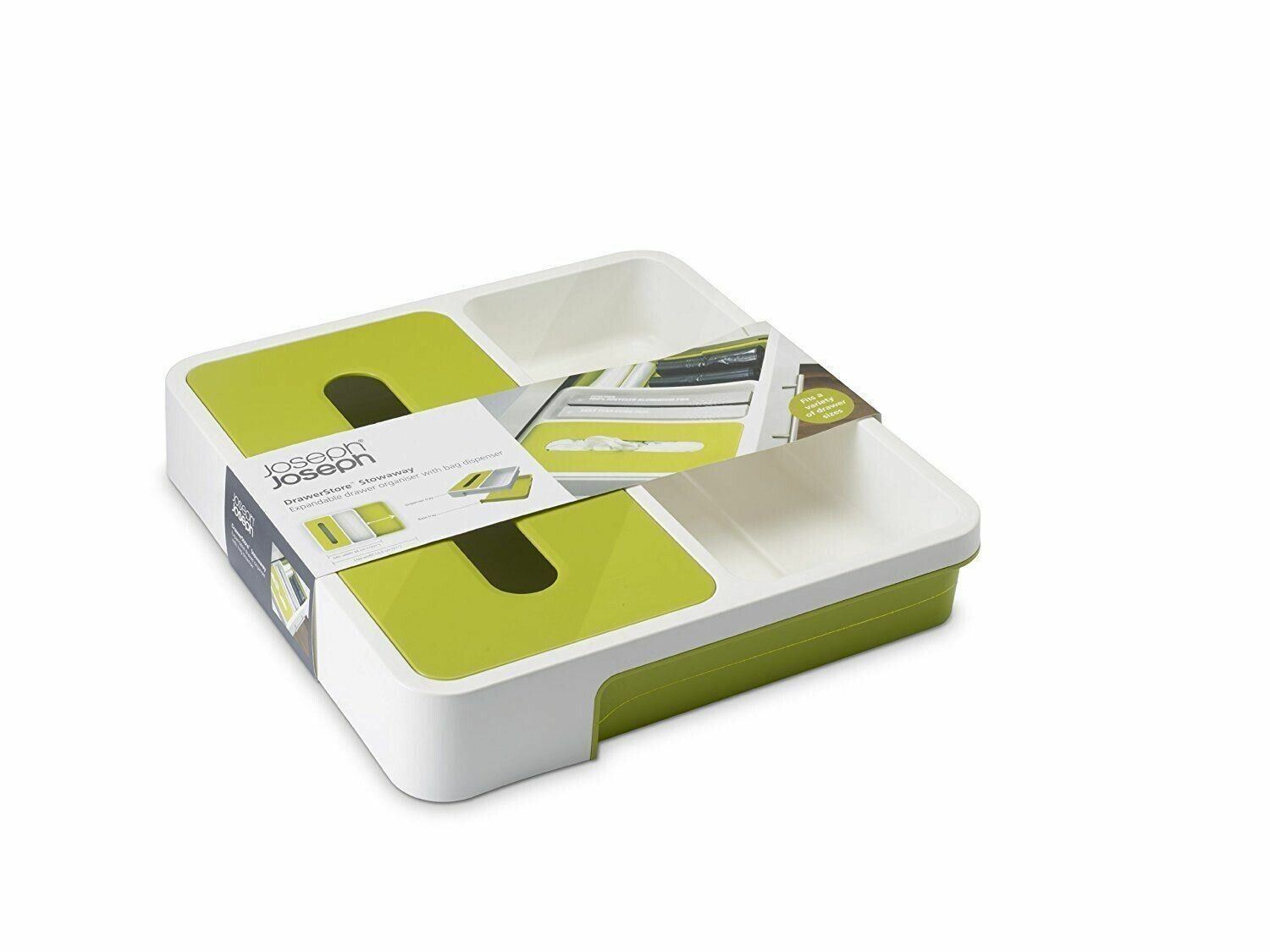 JOSEPH JOSEPH DrawerStore Stowaway, with Bag Dispenser, White/Green