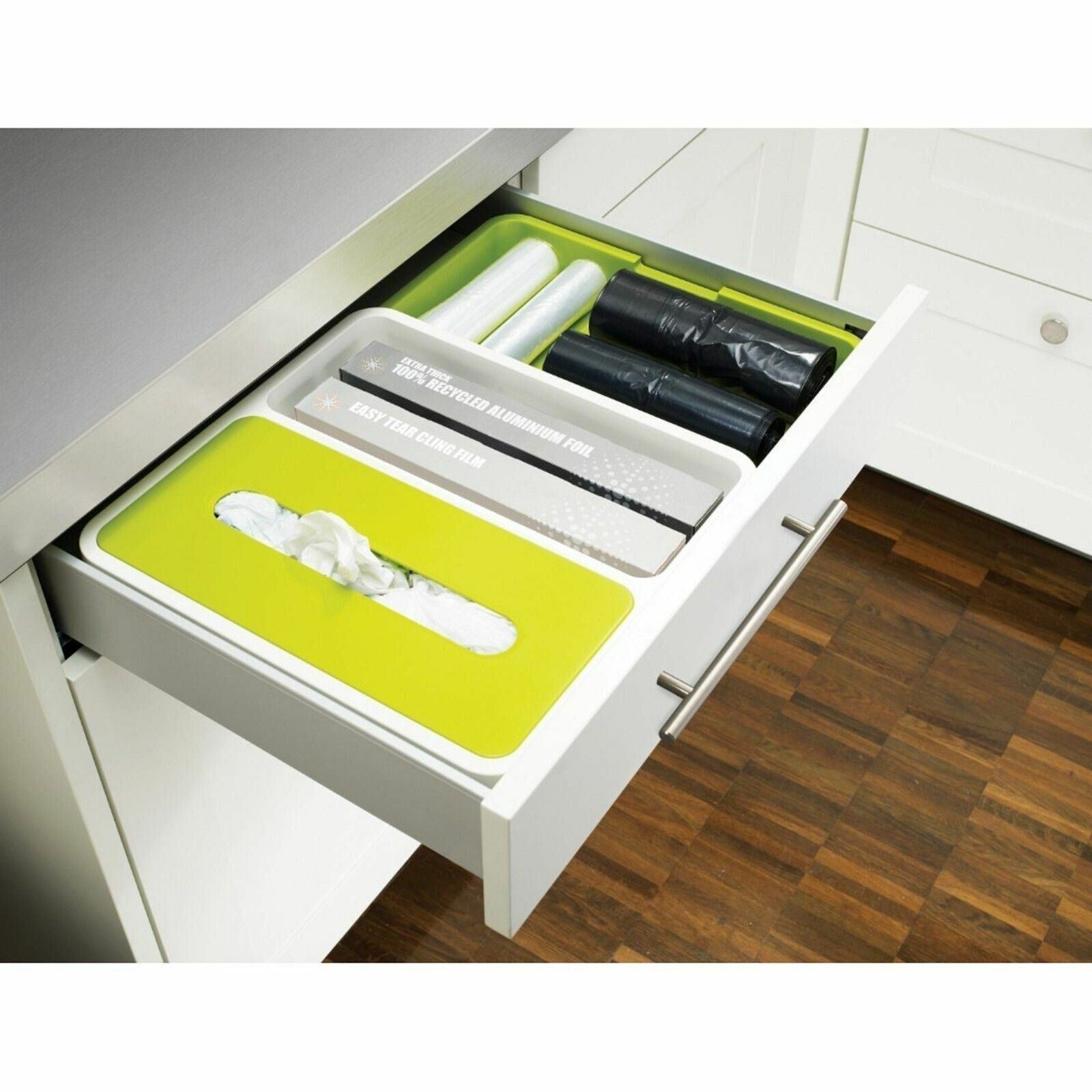 JOSEPH JOSEPH DrawerStore Stowaway, with Bag Dispenser, White/Green