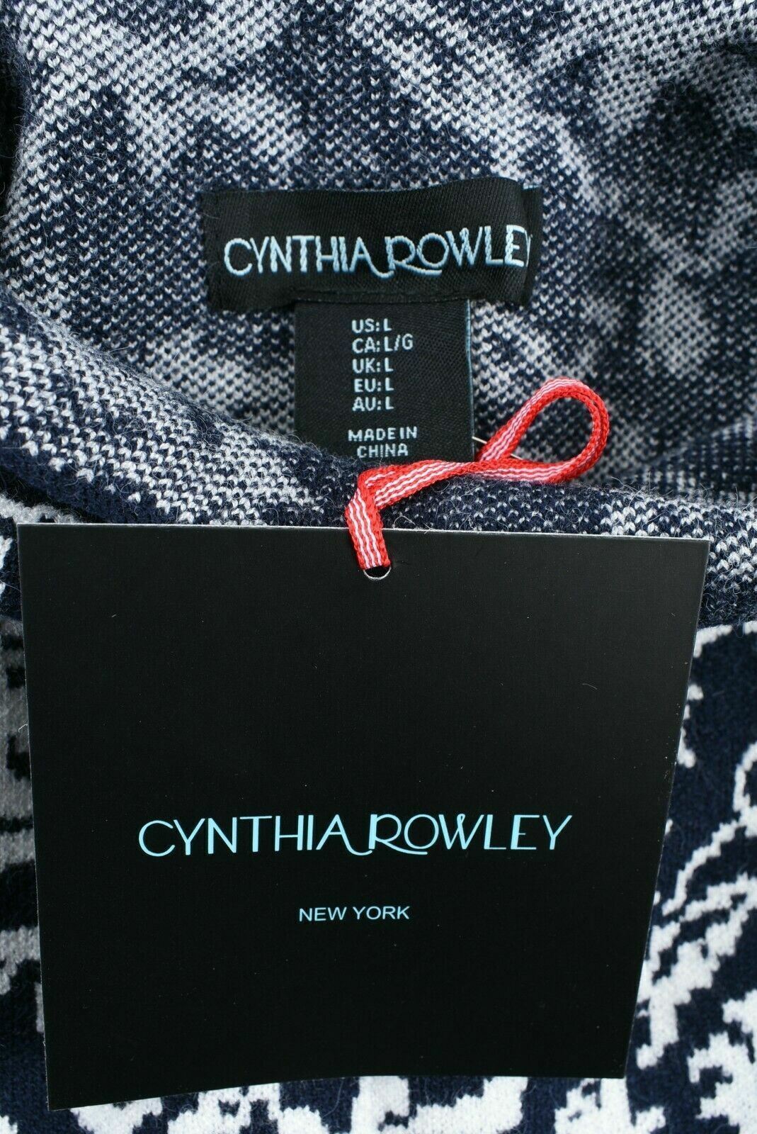 CYNTHIA ROWLEY Women’s Blue & White Floral Funnel Neck Knitted Top, size L