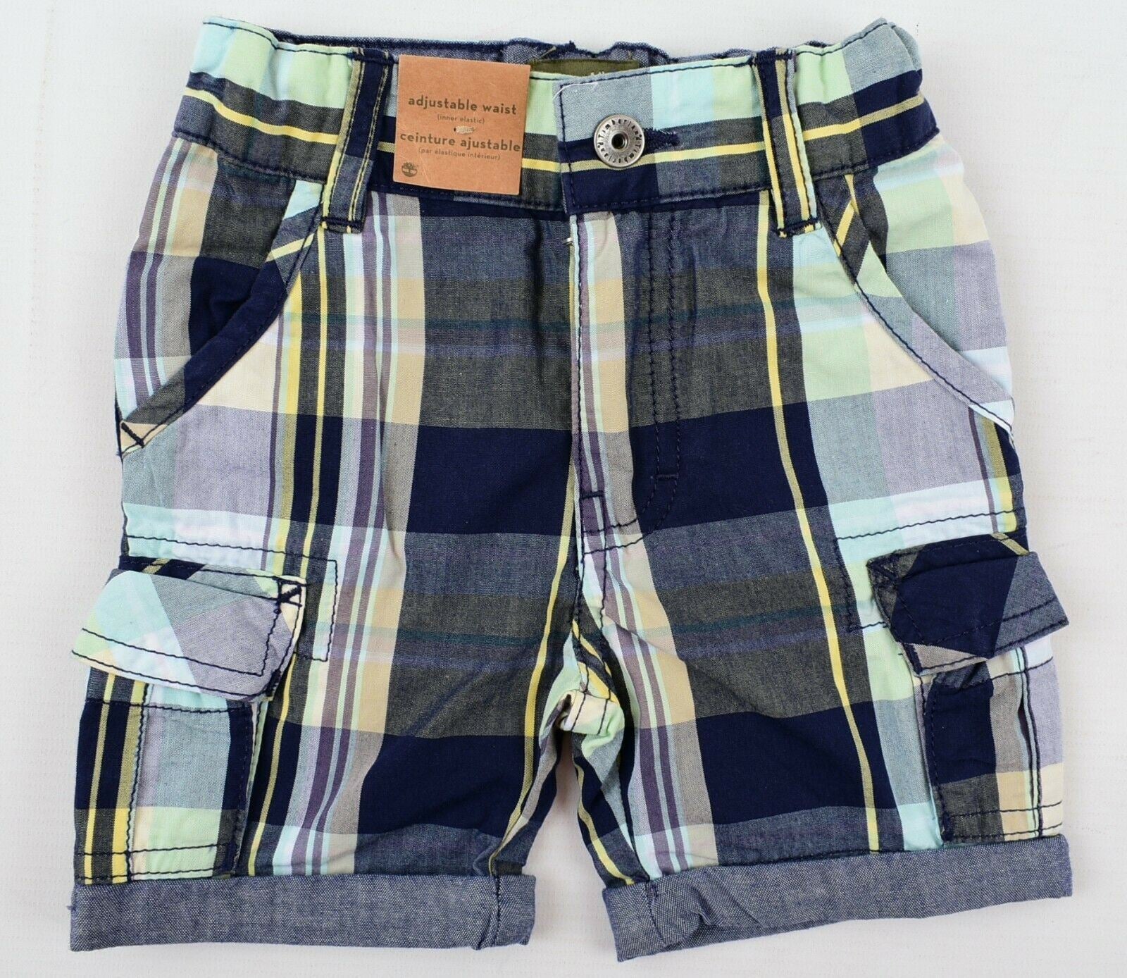 TIMBERLAND Baby Boys' Checked Cotton Cargo Shorts, Blue/Green, size 6 months