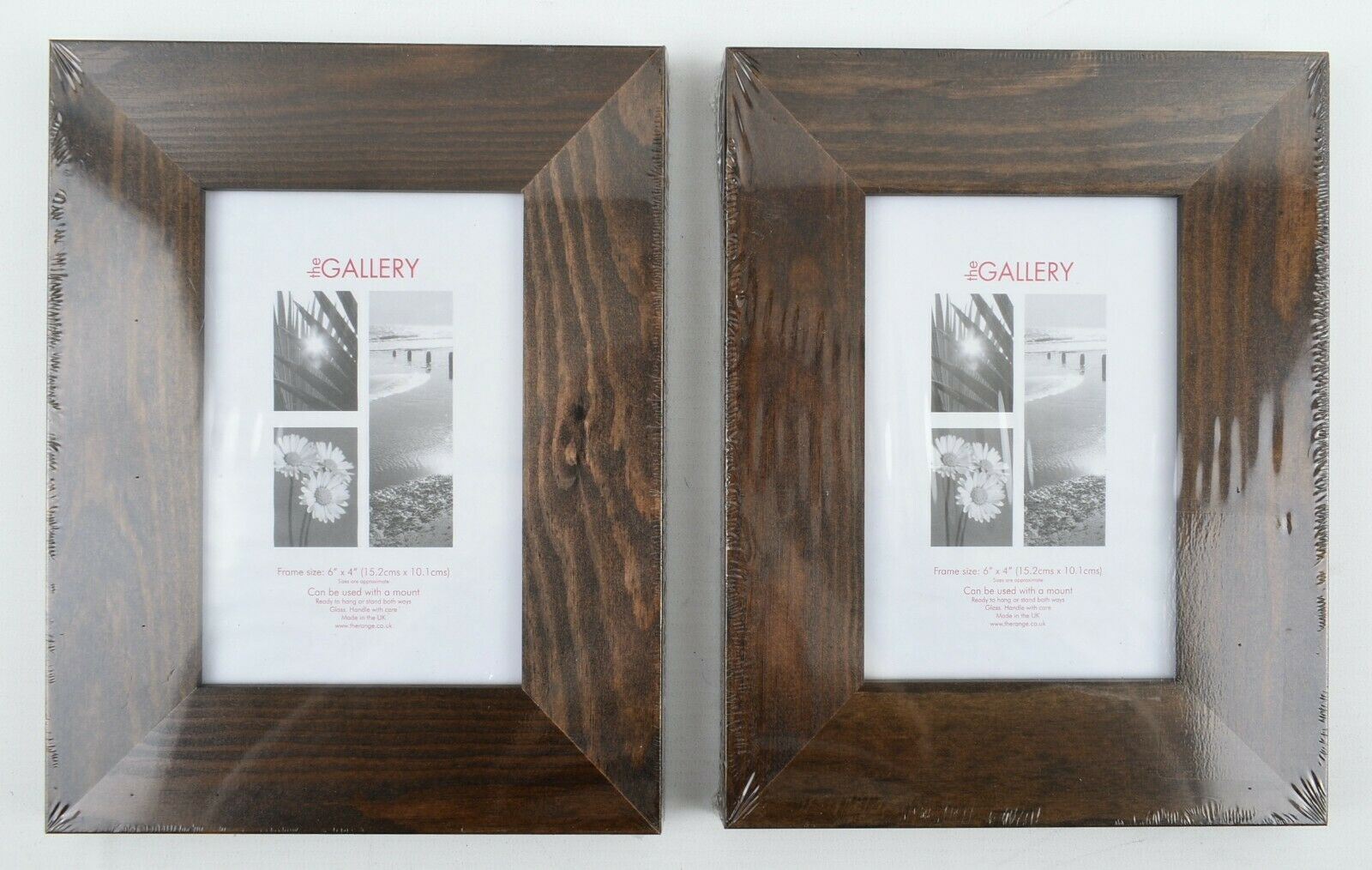 THE GALLERY Set of 2 Brown Wooden Picture Frames 6"x4", Hang or Stand