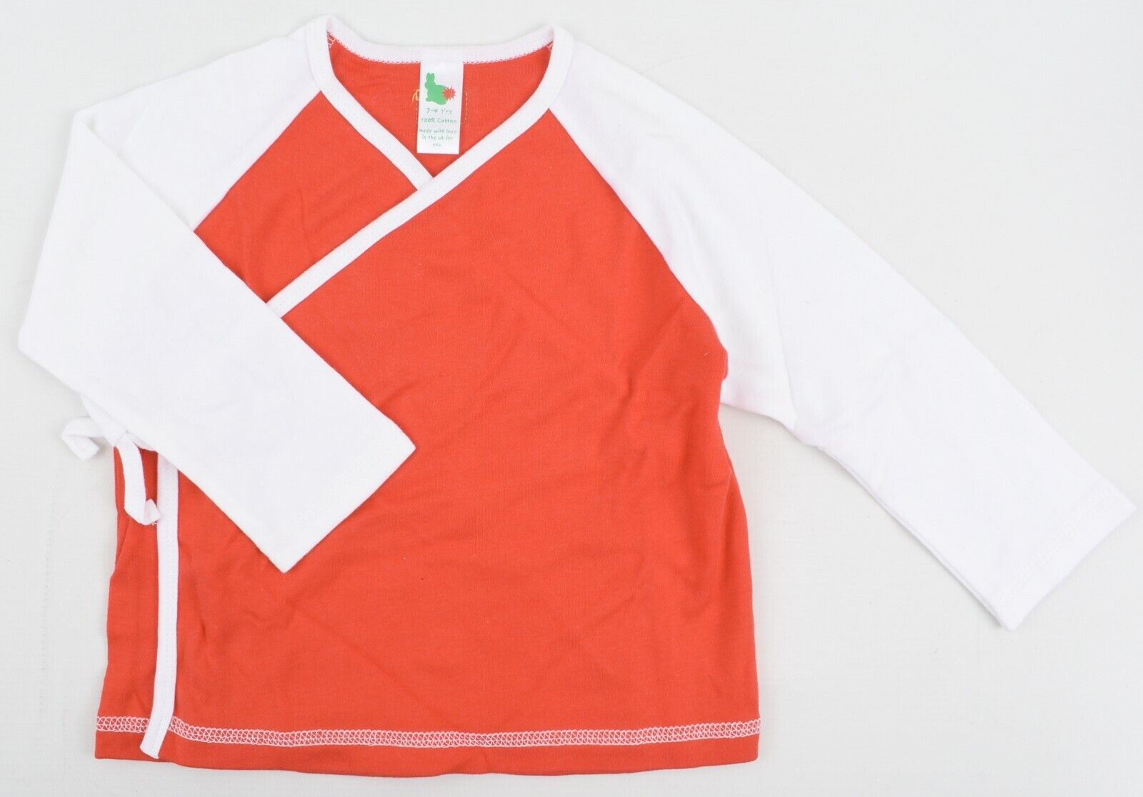 GREEN RABBIT Boys' Girls' Wrap Around Top, Red/White, MADE IN UK, size 3-4 Years