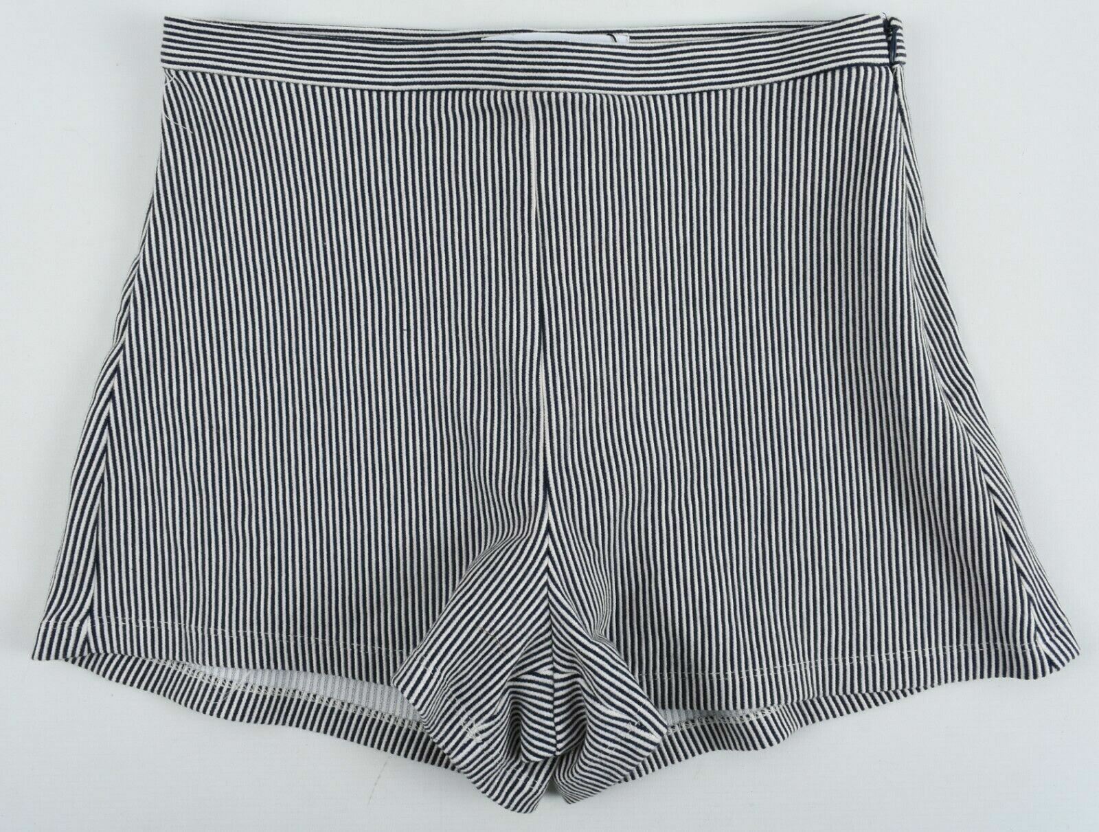 MANGO Women's High Waisted Shorts, Navy Blue Striped, size M