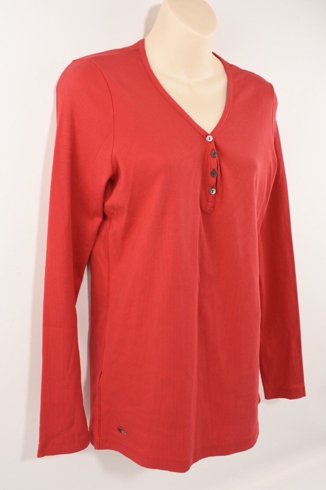 LACOSTE Women's Grandad Style Long Sleeve Ribbed Top, Red, size UK 18