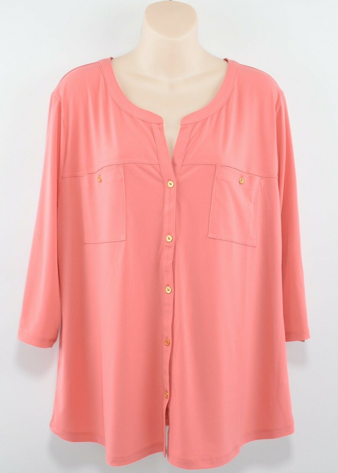 ELLEN TRACY Women's Button Down 1/2 Sleeve Shirt Top, Coral Pink, size XL