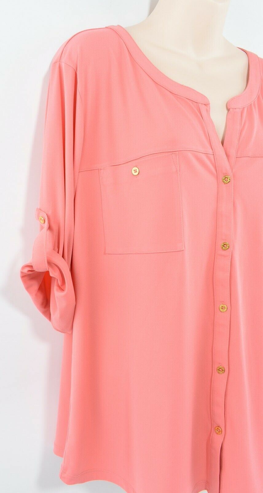 ELLEN TRACY Women's Button Down 1/2 Sleeve Shirt Top, Coral Pink, size XL